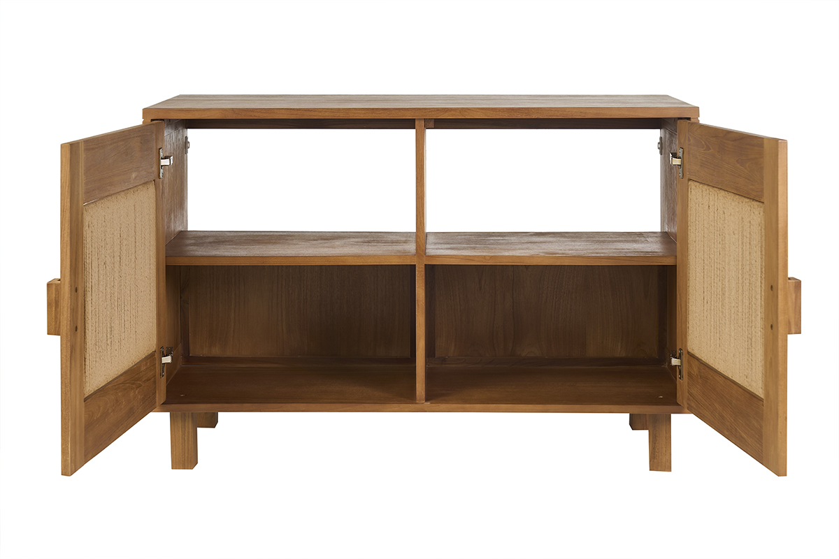 Mueble de ba�o de madera de teca maciza y cuerda trenzada, vista frontal con las puertas abiertas