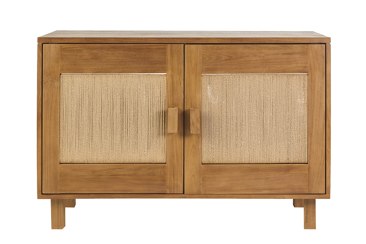Mueble de ba�o de madera de teca maciza y cuerda trenzada, vista frontal.