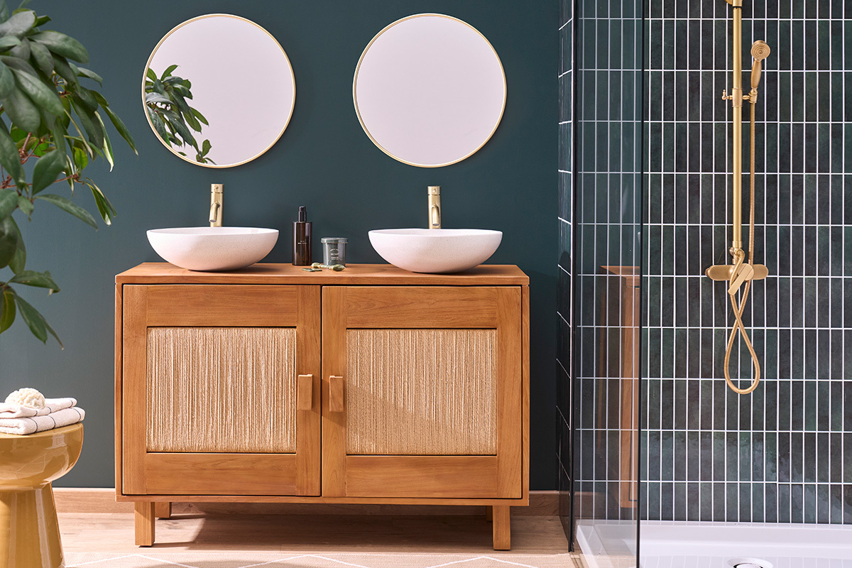 Mueble de ba�o de madera maciza de teca y cuerda trenzada L120 cm MOSSA