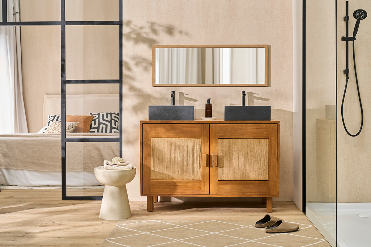 Mueble de ba�o de madera maciza de teca y cuerda trenzada L120 cm MOSSA