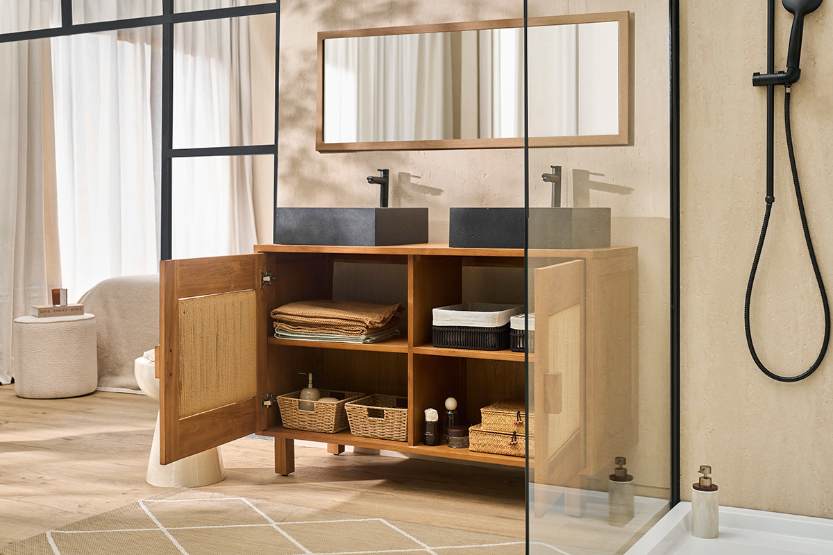 Mueble de ba�o de madera maciza de teca y cuerda trenzada L120 cm MOSSA
