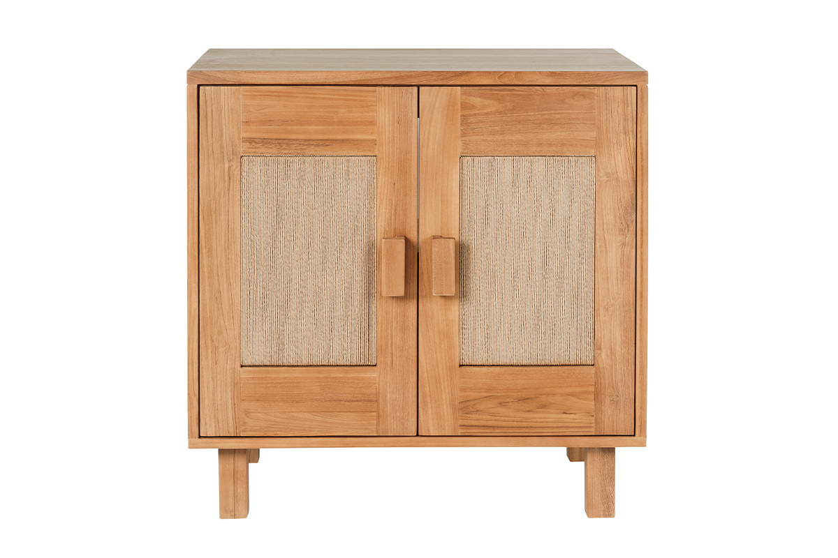 Mueble de ba�o de madera de teca maciza con puertas de cuerda trenzada, vista frontal.