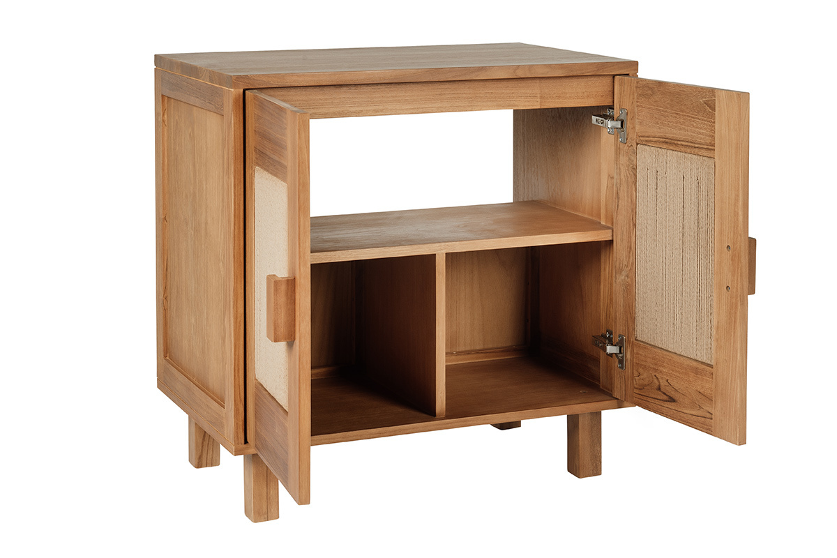 Mueble de ba�o de teca maciza con cuerda trenzada, puertas abiertas, vista de 3/4