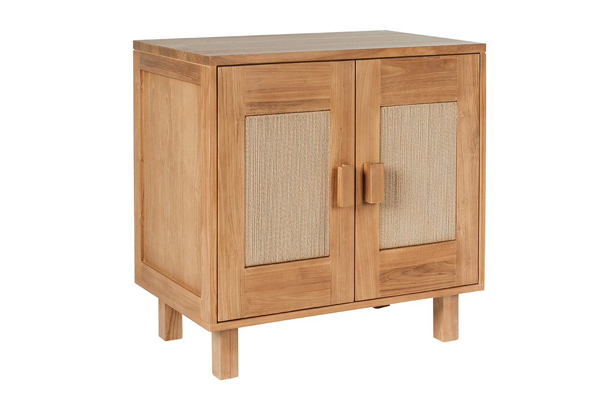 Mueble de ba�o de madera de teca maciza y cuerda trenzada, vista de tres cuartos.