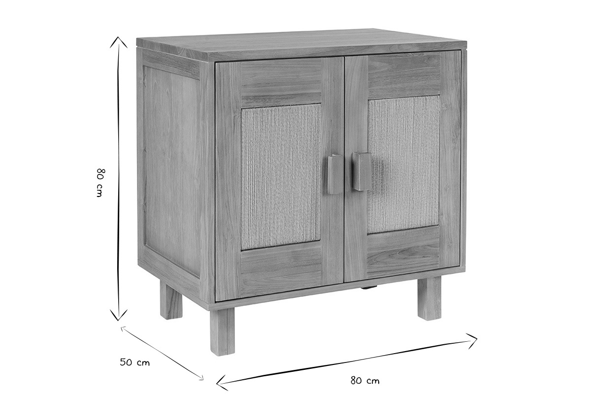Dimensiones del mueble de ba�o de madera de teca: 80 cm de ancho, 50 cm de profundidad, 80 cm de altura, en negro y blanco.