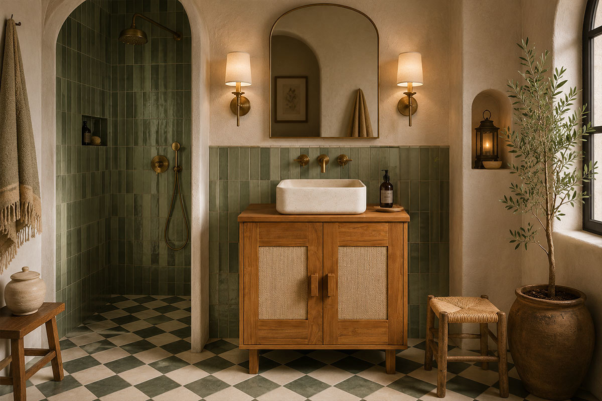 Mueble de ba�o de teca maciza con cuerda trenzada, vista frontal en un ba�o moderno.