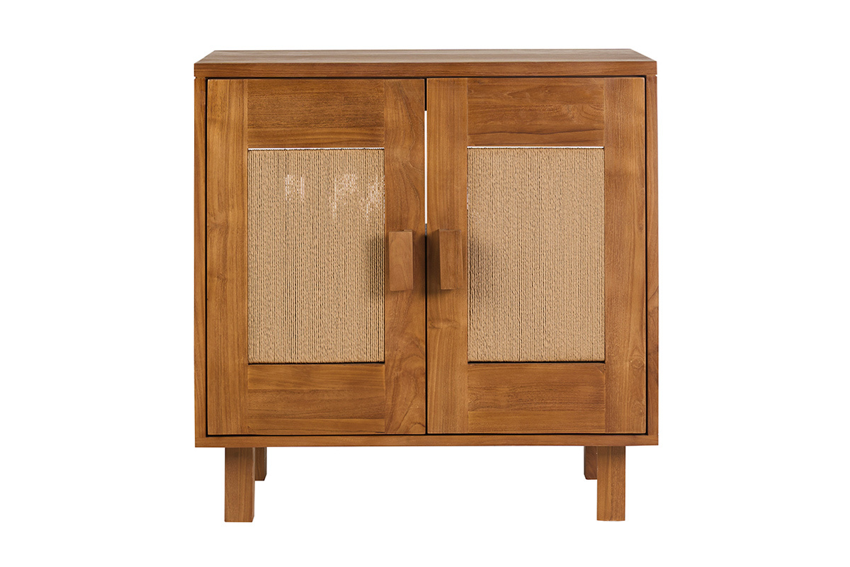 Mueble de ba�o de madera de teca maciza con puertas de cuerda trenzada, vista frontal.