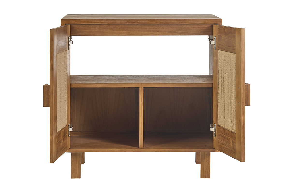 Mueble de ba�o de madera de teca maciza con puertas de cuerda trenzada, vista frontal.