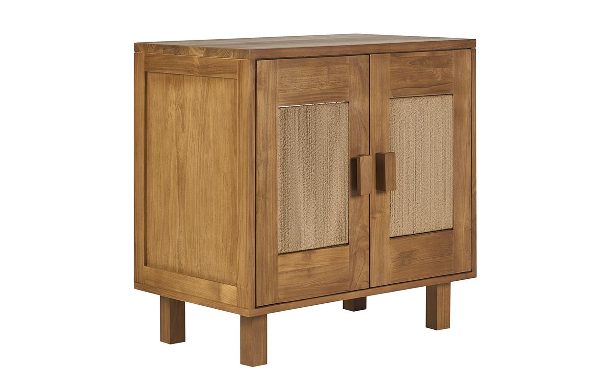 Mueble de ba�o de madera maciza de teca y cuerda trenzada, vista en 3/4, L80 cm, modelo MOSSA.