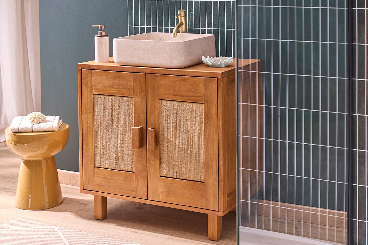 Mueble de ba�o de madera maciza de teca y cuerda trenzada L80 cm MOSSA
