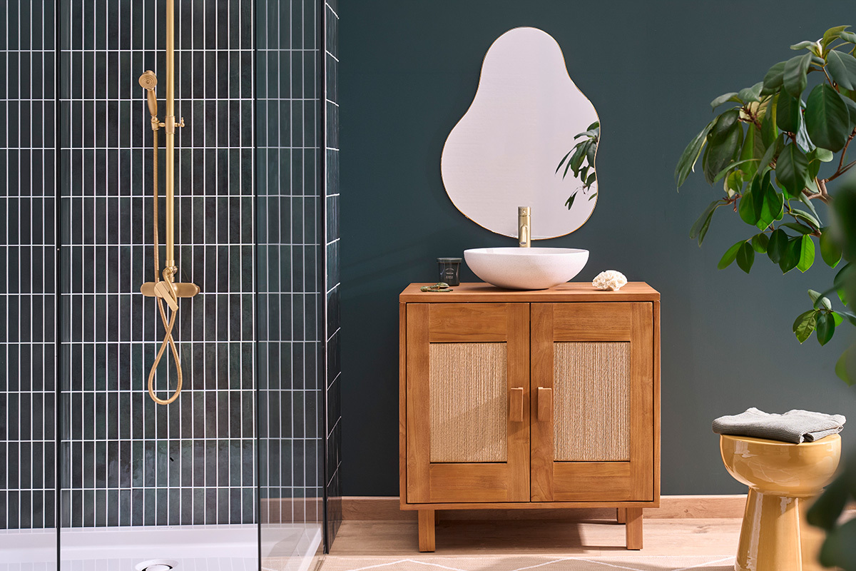 Mueble de ba�o de madera maciza de teca y cuerda trenzada L80 cm MOSSA