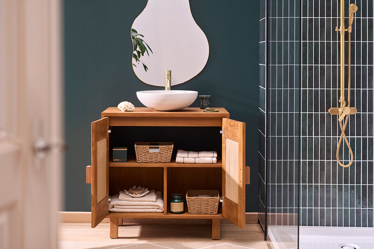 Mueble de ba�o de madera maciza de teca y cuerda trenzada L80 cm MOSSA