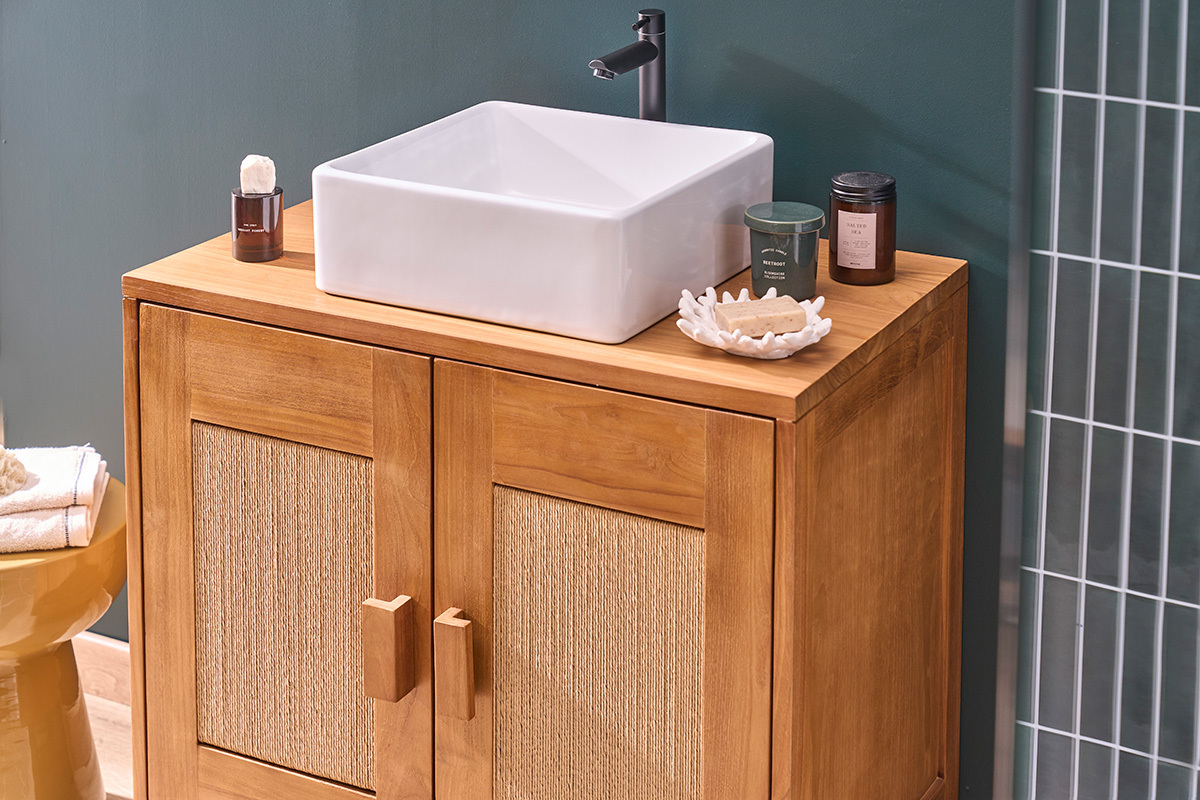 Mueble de ba�o de madera maciza de teca y cuerda trenzada L80 cm MOSSA