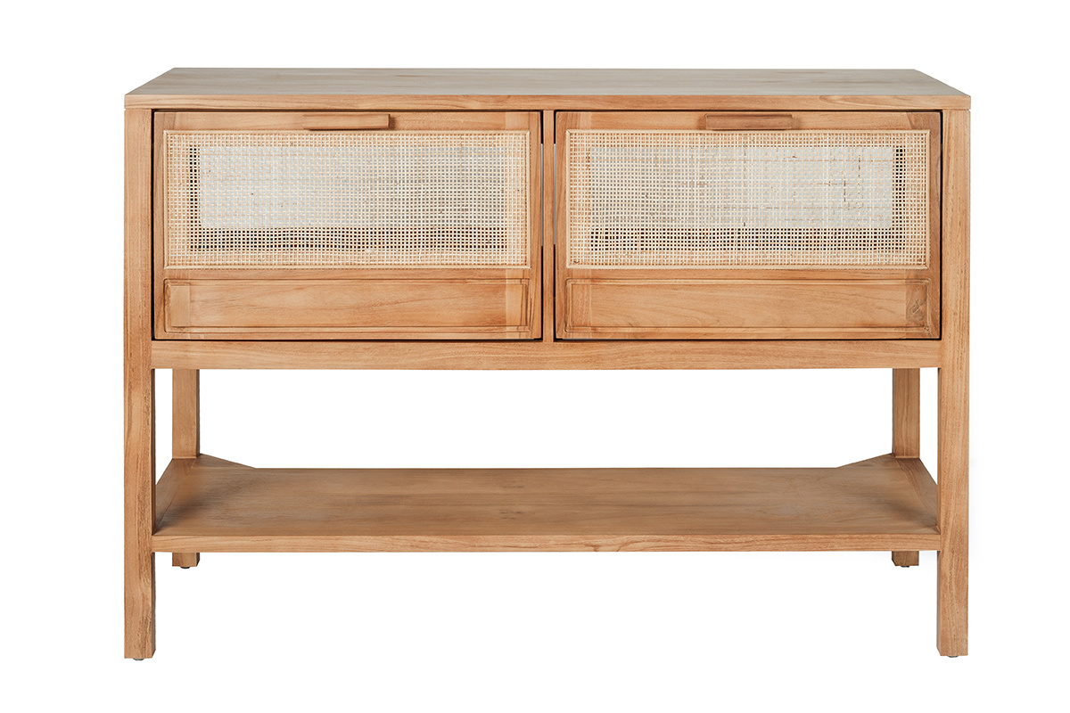 Mueble de ba�o RIVO de madera maciza de teca y rejilla de rat�n, vista frontal.