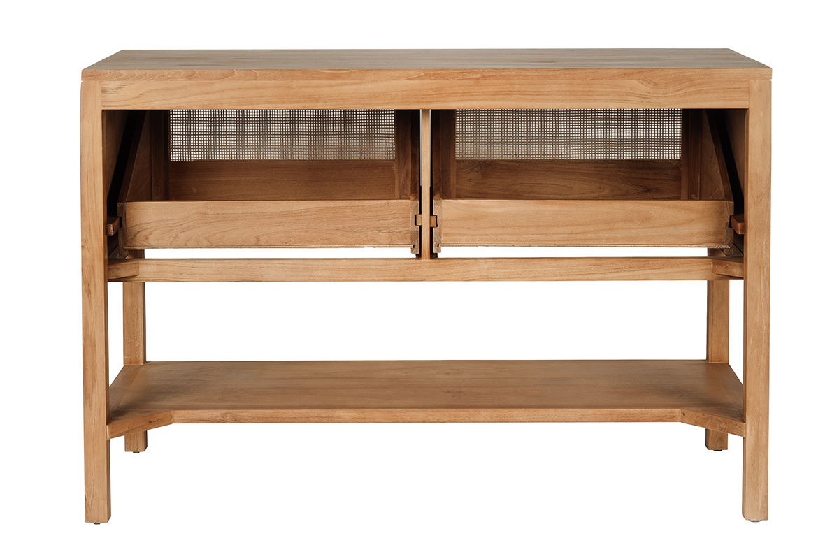 Mueble de ba�o de madera de teca maciza y rejilla de rat�n, vista trasera, con cajones abiertos.