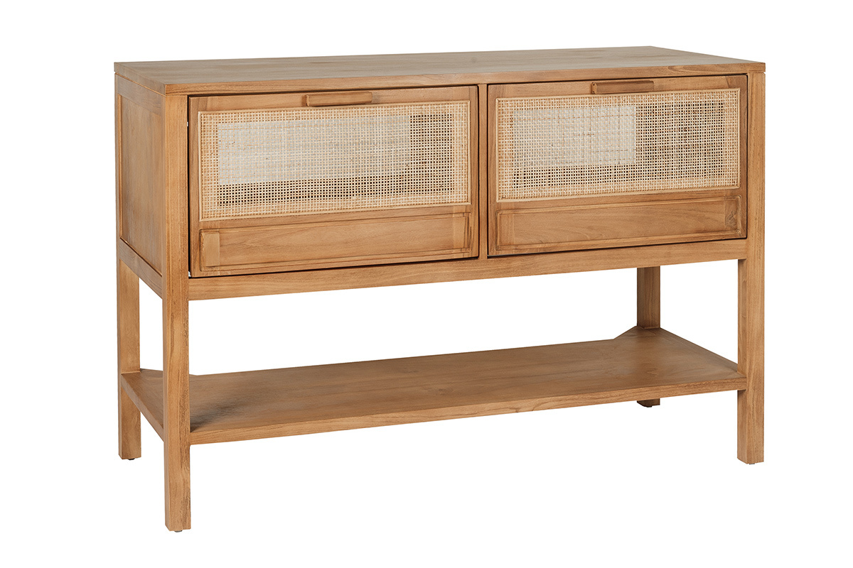 Mueble de ba�o RIVO en teca maciza y rejilla de rat�n, vista en 3/4, con cajones y estante.