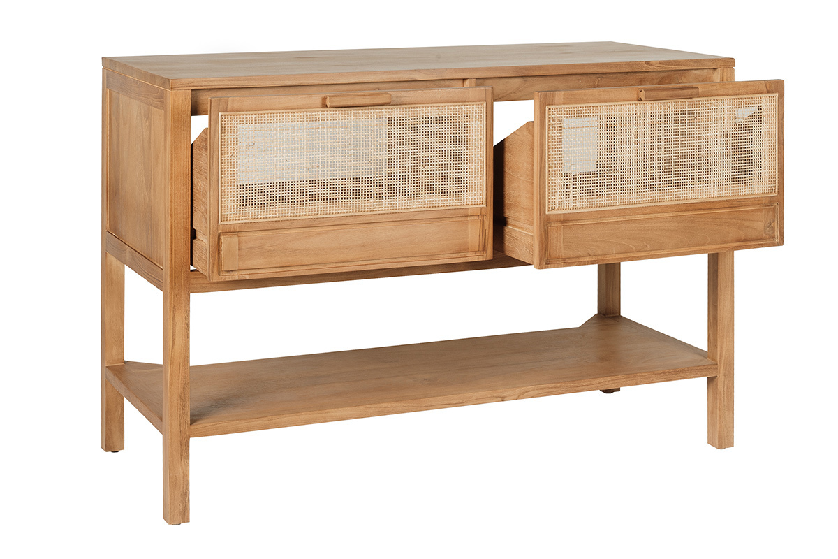 Mueble de ba�o de madera de teca maciza y rejilla de rat�n, vista de 3/4, con cajones abiertos.