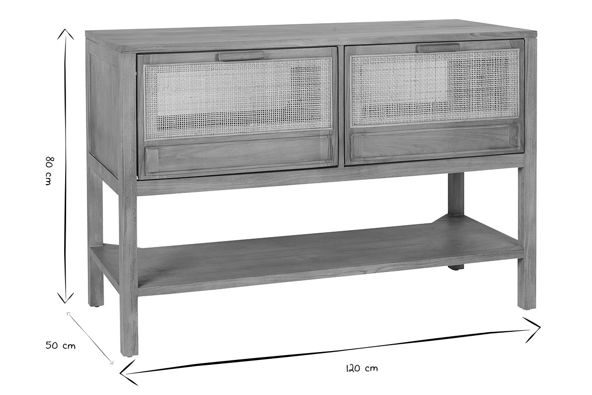 Dimensiones del mueble de ba�o de teca y rejilla de rat�n: L120 cm, H80 cm, P50 cm en negro y blanco.