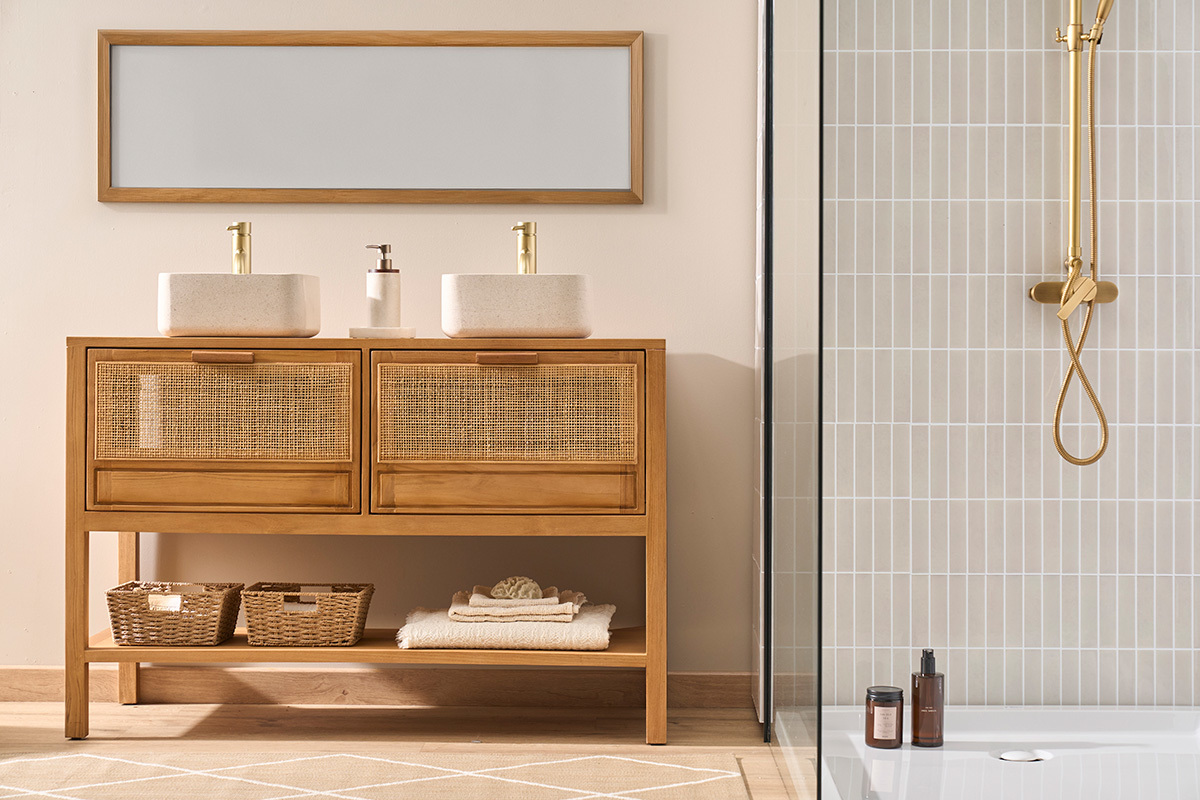 Mueble de ba�o de madera maciza de teca y rejilla de rat�n L120 cm RIVO