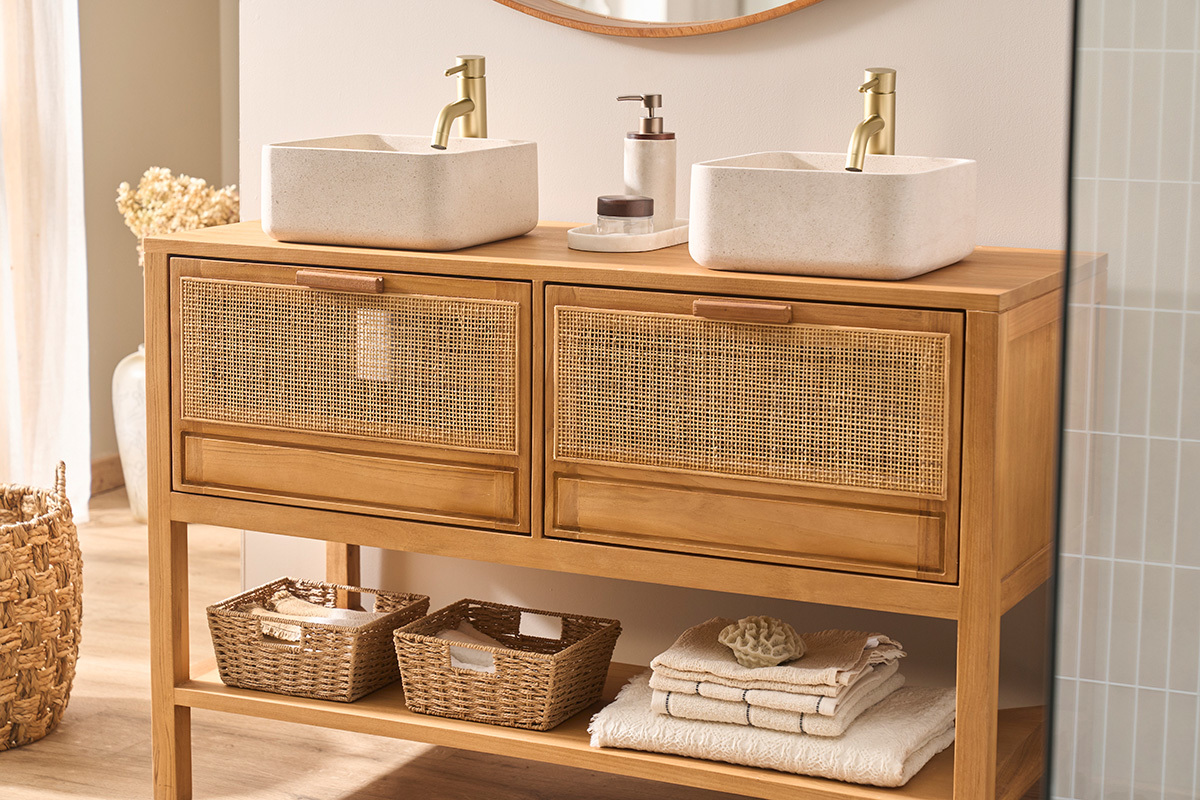 Mueble de ba�o de madera maciza de teca y rejilla de rat�n L120 cm RIVO