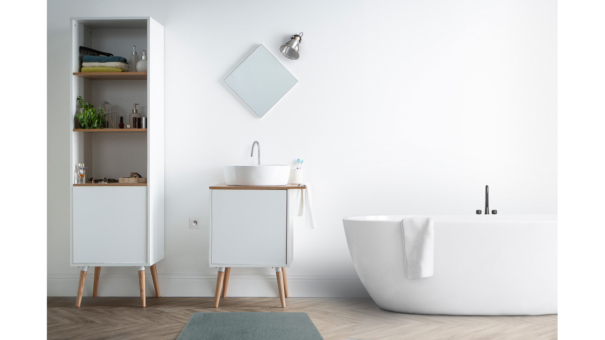 Mueble de bao: lavabo, mueble y una puerta roble y blanco TOTEM