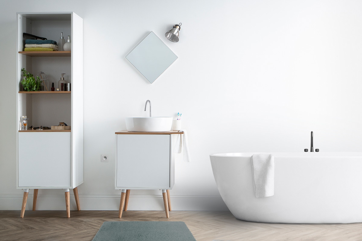 Mueble de bao: lavabo, mueble y una puerta roble y blanco TOTEM