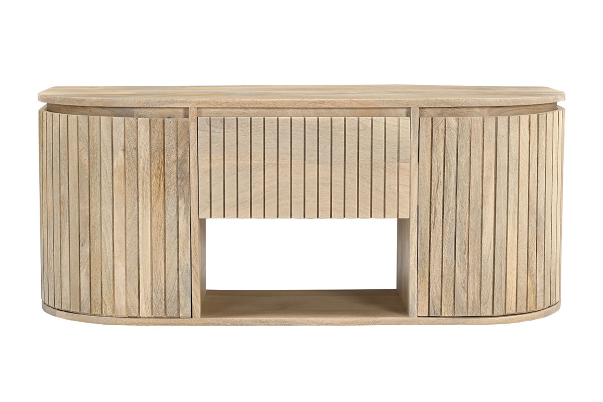 Mueble de ba�o suspendido de madera maciza de mango, vista frontal, con frontal acanalado y caj�n central.