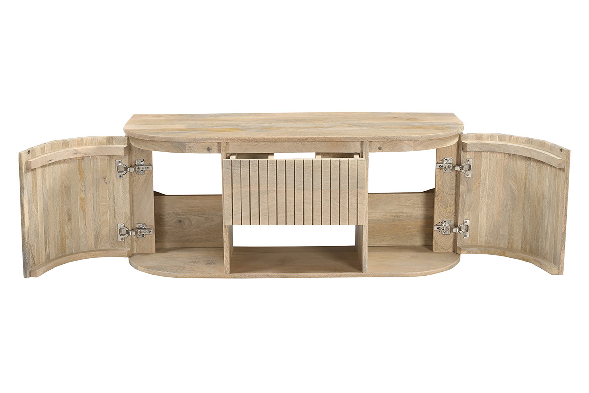 Mueble de ba�o suspendido de madera maciza de mango L110 cm, abierto con caj�n central visible.