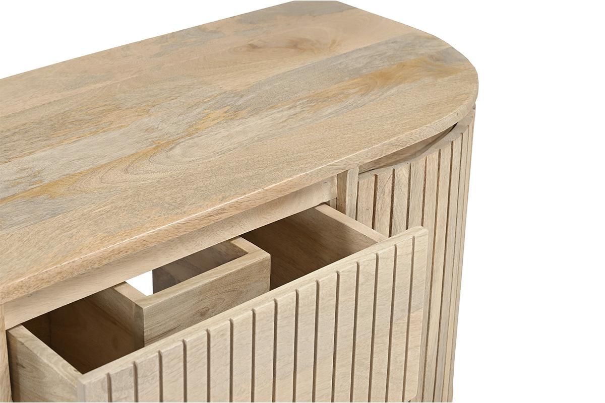Vista superior del mueble de ba�o suspendido de madera maciza de mango, con el caj�n abierto.