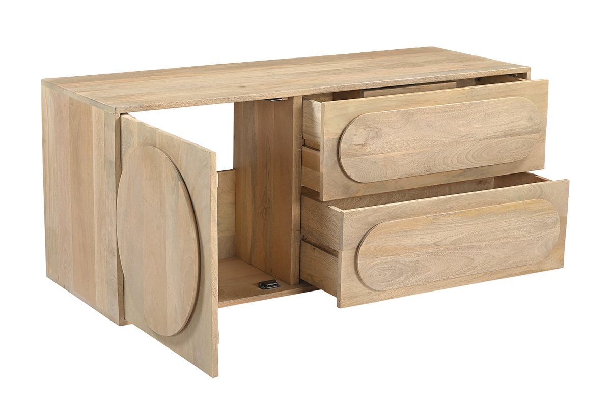 Mueble de ba�o suspendido de madera maciza de mango con cajones abiertos, vista de 3/4