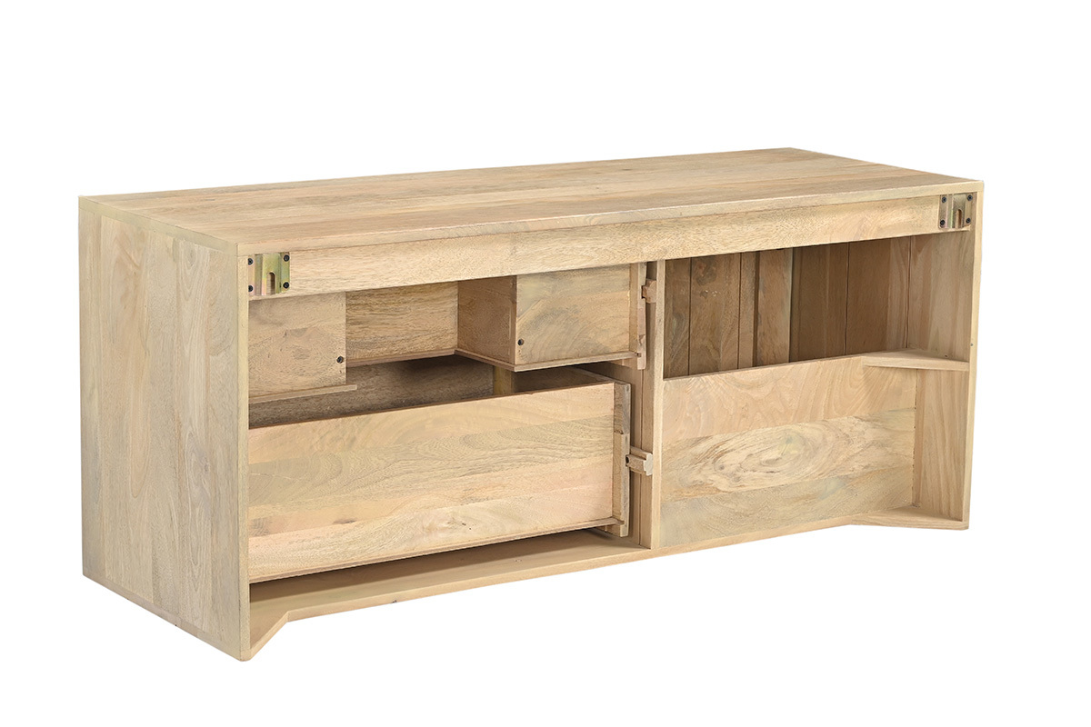 Mueble de ba�o suspendido de madera maciza de mango, vista trasera con los cajones abiertos.