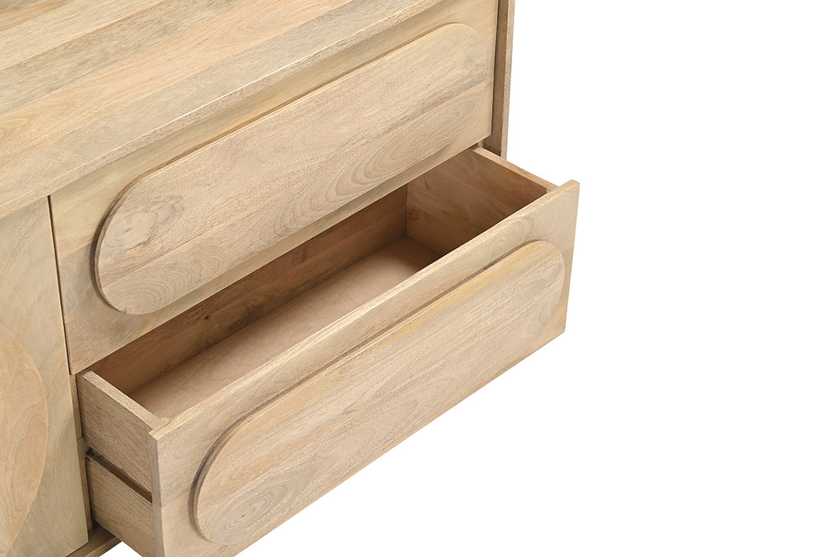 Mueble de ba�o suspendido de madera maciza de mango con cajones abiertos, vista de cerca