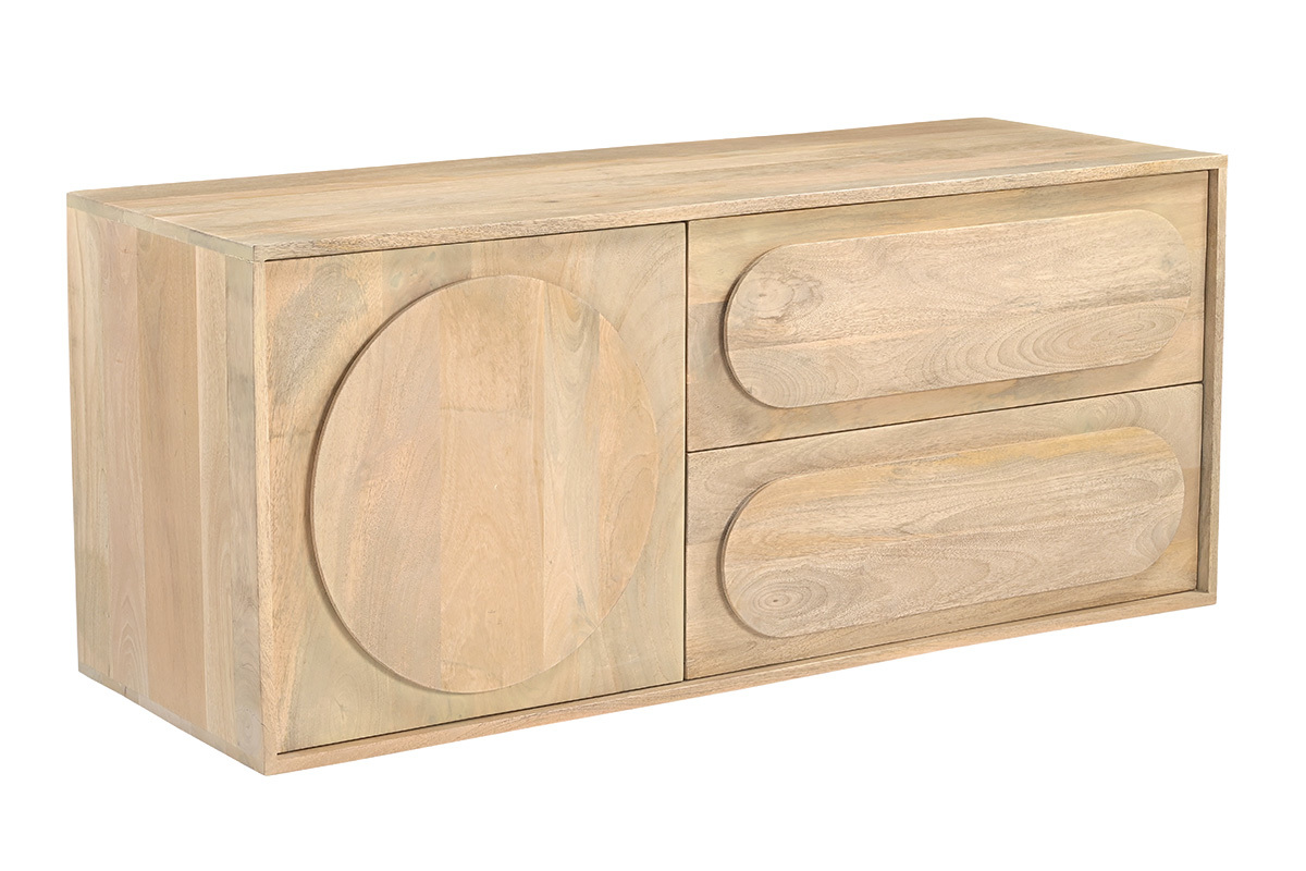 Mueble de ba�o suspendido de madera maciza de mango, vista en tres cuartos.