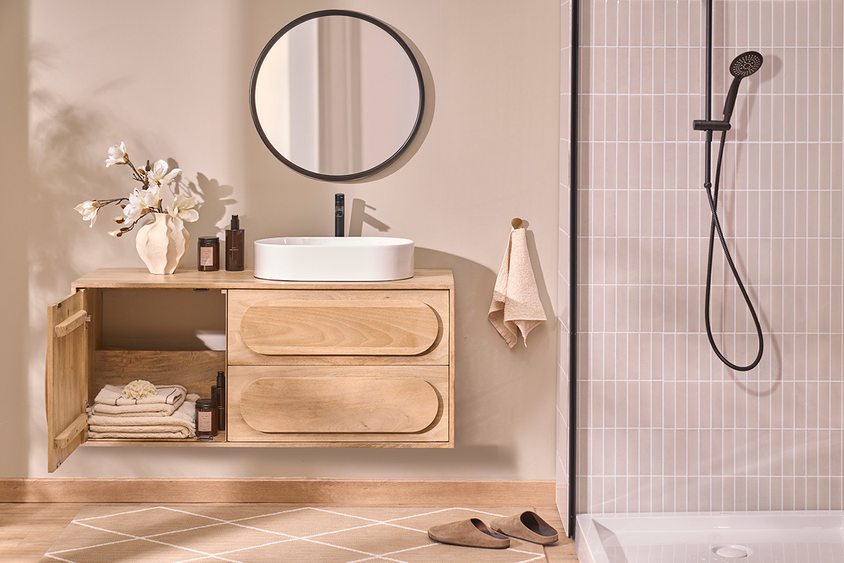 Mueble de ba�o suspendido de madera maciza de mango L120 cm SLAPPA