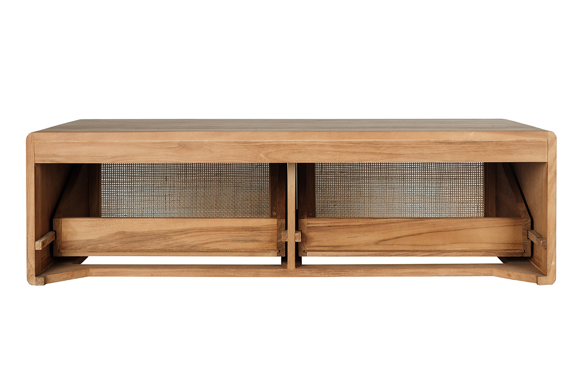 Mueble de ba�o suspendido de madera de teca con rejilla de rat�n, vista trasera.