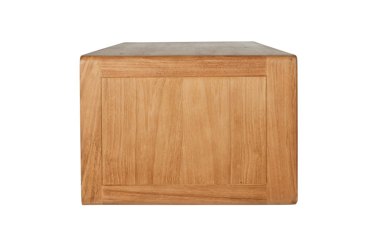 Mueble de ba�o suspendido de madera de teca maciza, vista de perfil, con acabado natural.