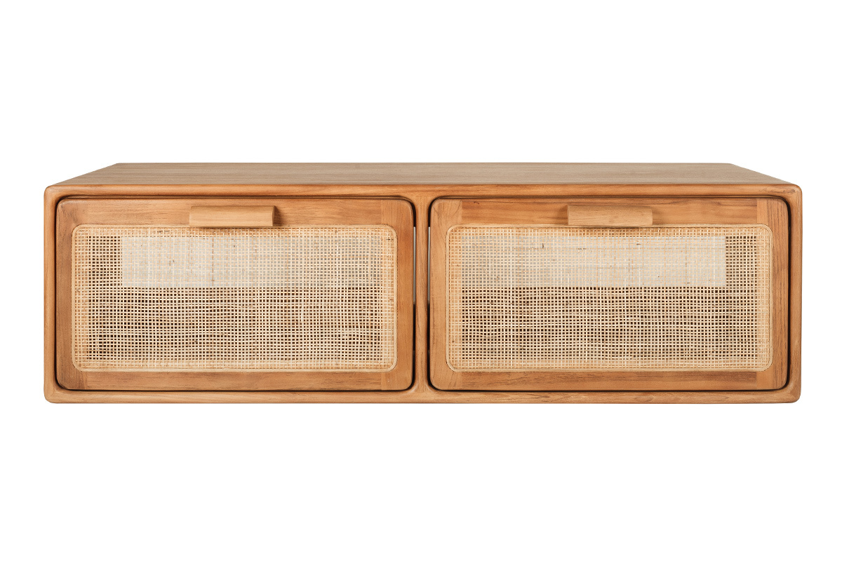 Mueble de ba�o suspendido de madera de teca maciza con frontal de rejilla de rat�n, vista frontal.