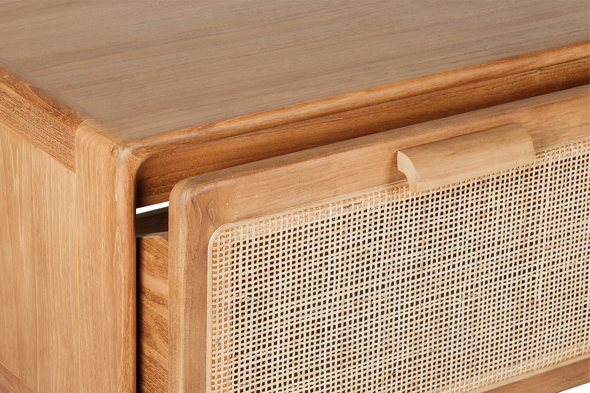 Mueble de ba�o suspendido de teca maciza con frente de rejilla de rat�n, vista en detalle