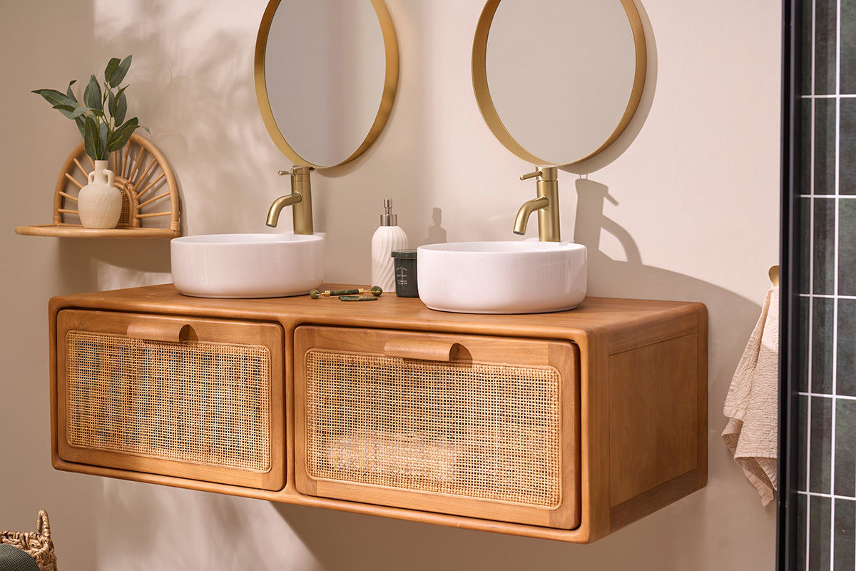 Mueble de ba�o suspendido de madera maciza de teca y rejilla de rat�n L120 cm BALIA