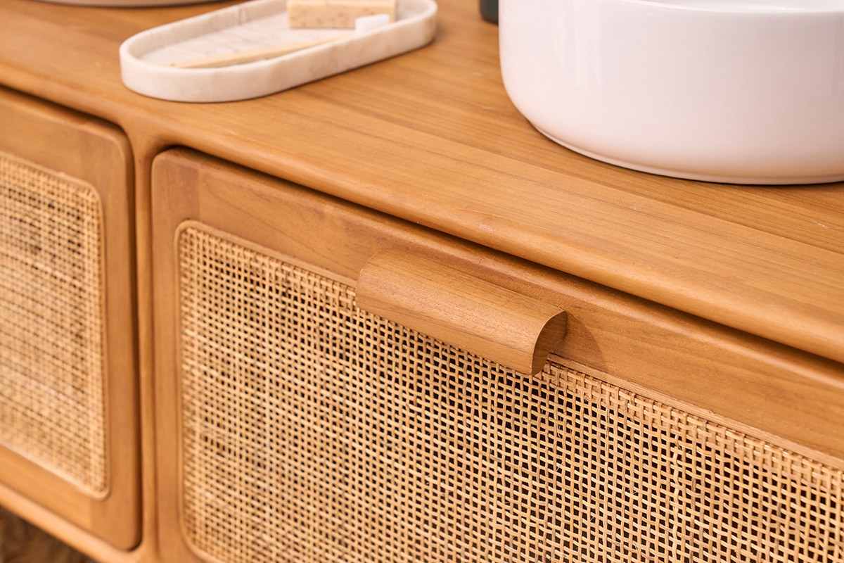 Mueble de ba�o suspendido de madera maciza de teca y rejilla de rat�n L120 cm BALIA