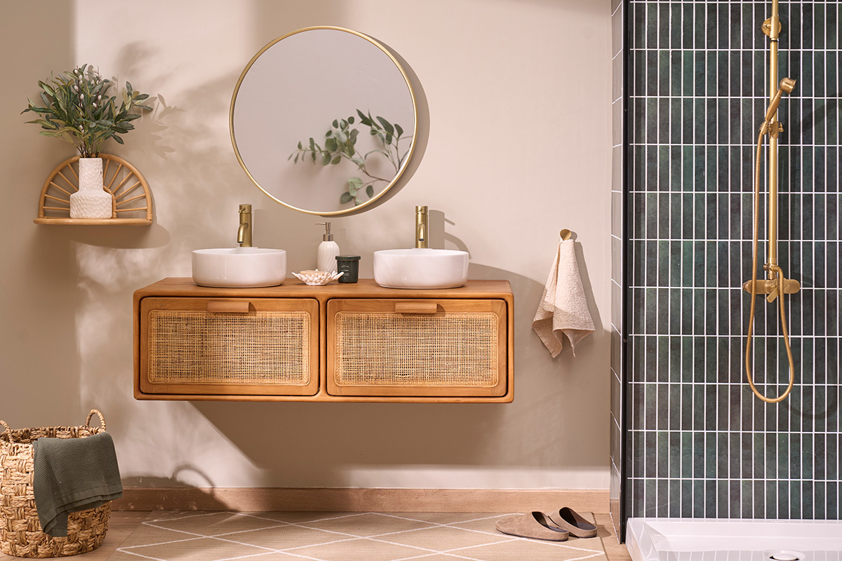 Mueble de ba�o suspendido de madera maciza de teca y rejilla de rat�n L120 cm BALIA