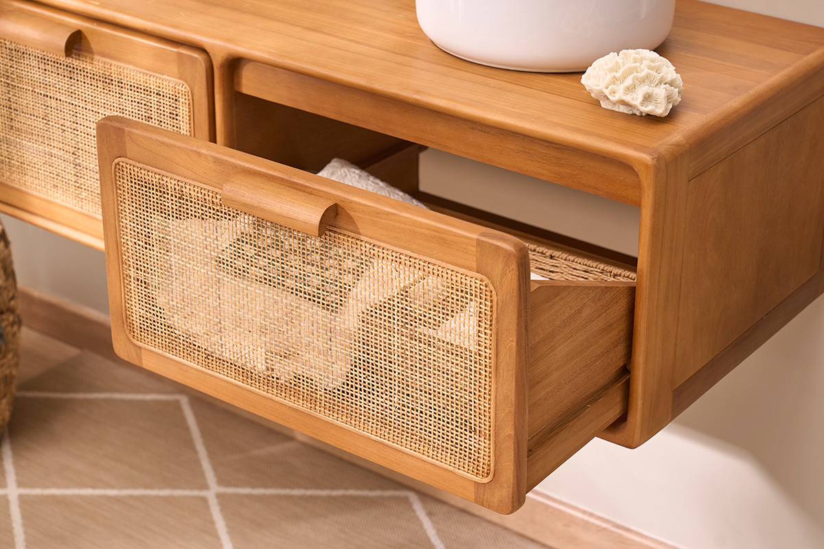 Mueble de ba�o suspendido de madera maciza de teca y rejilla de rat�n L120 cm BALIA