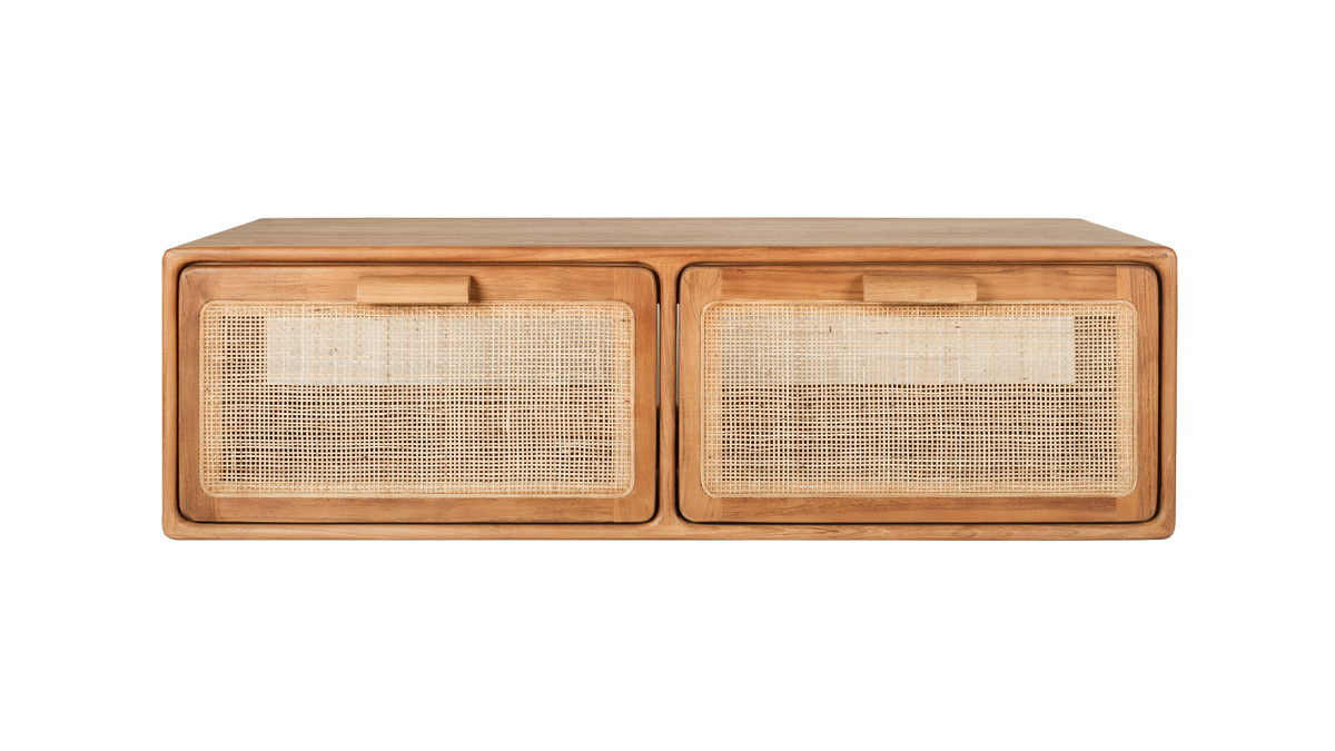 Mueble de ba�o suspendido de madera maciza de teca y rejilla de rat�n L120 cm BALIA