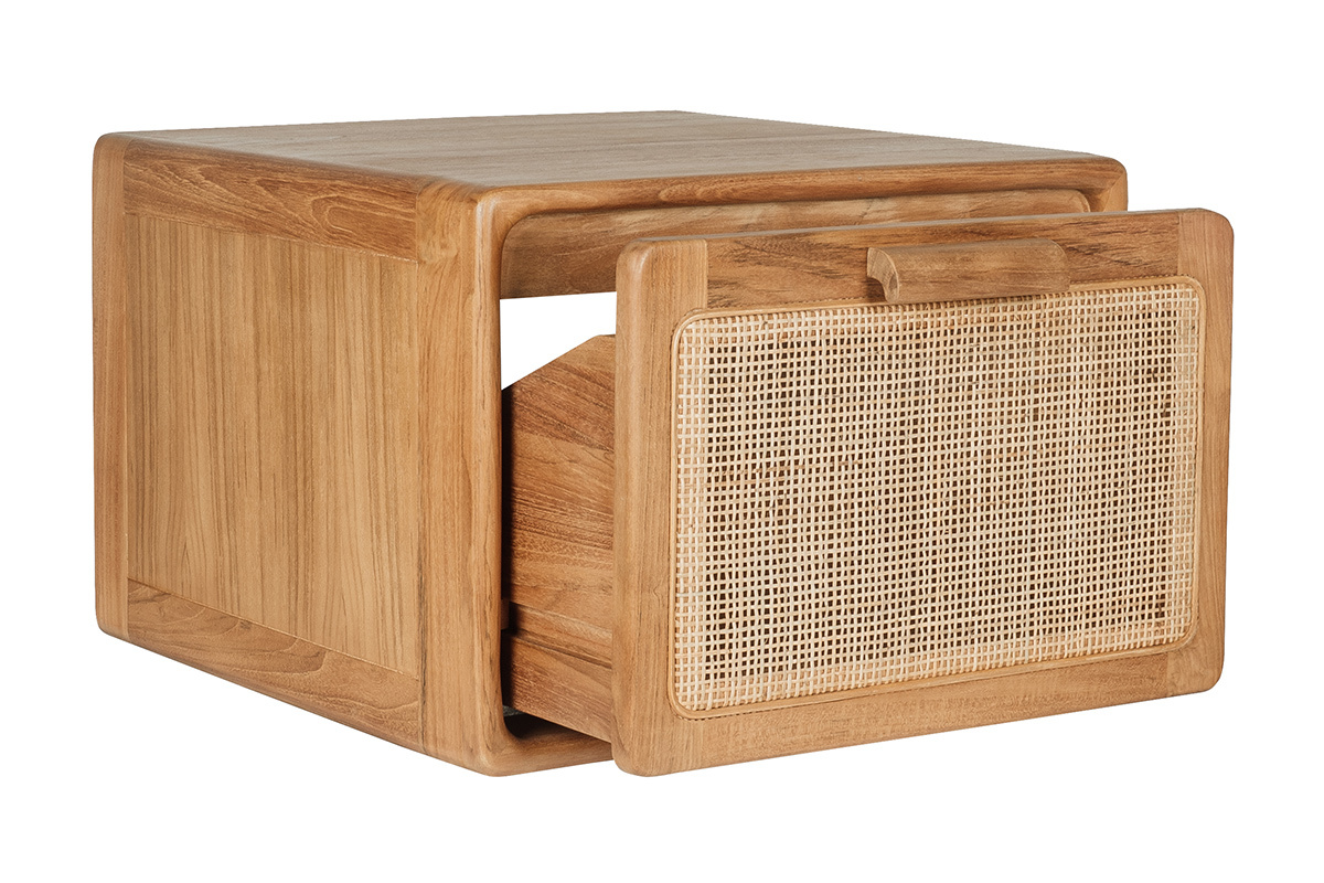 Mueble de ba�o suspendido de madera maciza de teca y rejilla de rat�n L50 cm BALIA