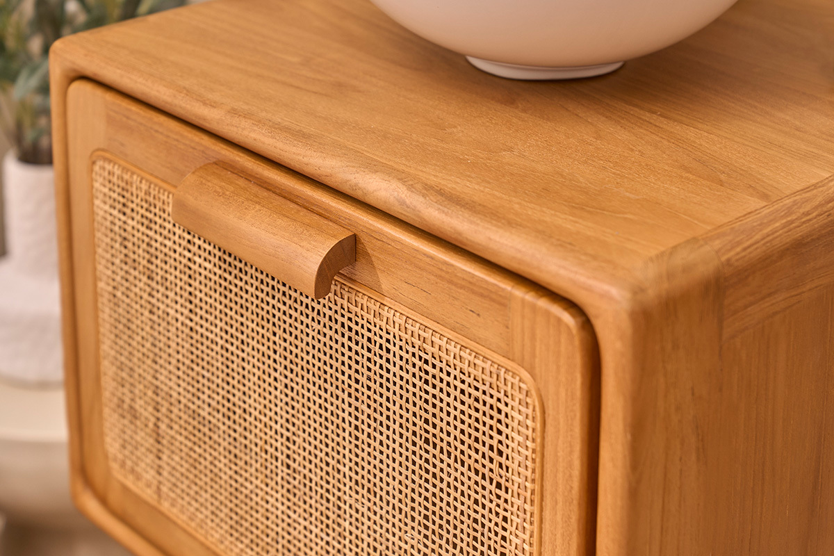 Mueble de ba�o suspendido de madera maciza de teca y rejilla de rat�n L50 cm BALIA