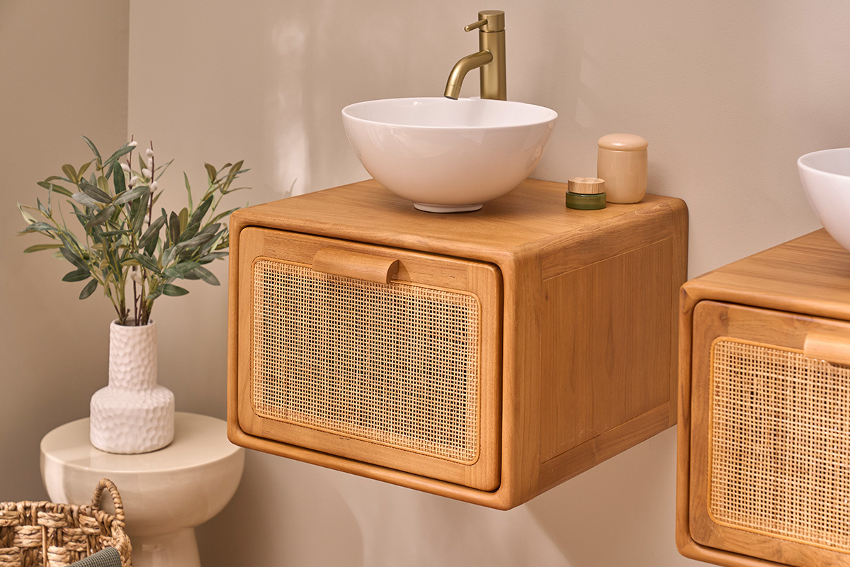 Mueble de ba�o suspendido de madera maciza de teca y rejilla de rat�n L50 cm BALIA