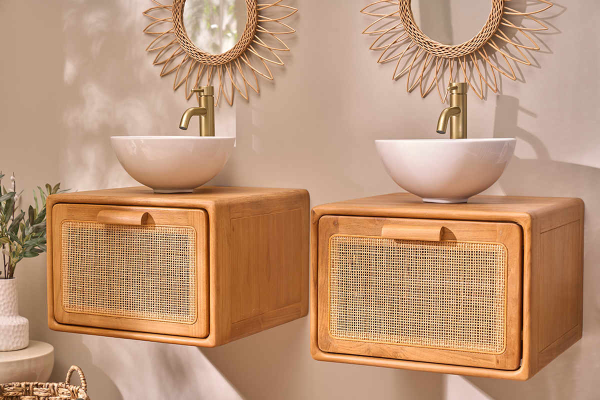 Mueble de ba�o suspendido de madera maciza de teca y rejilla de rat�n L50 cm BALIA