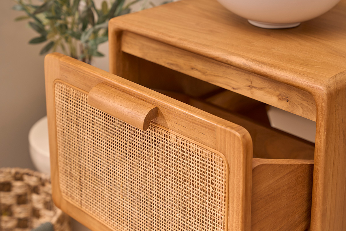 Mueble de ba�o suspendido de madera maciza de teca y rejilla de rat�n L50 cm BALIA