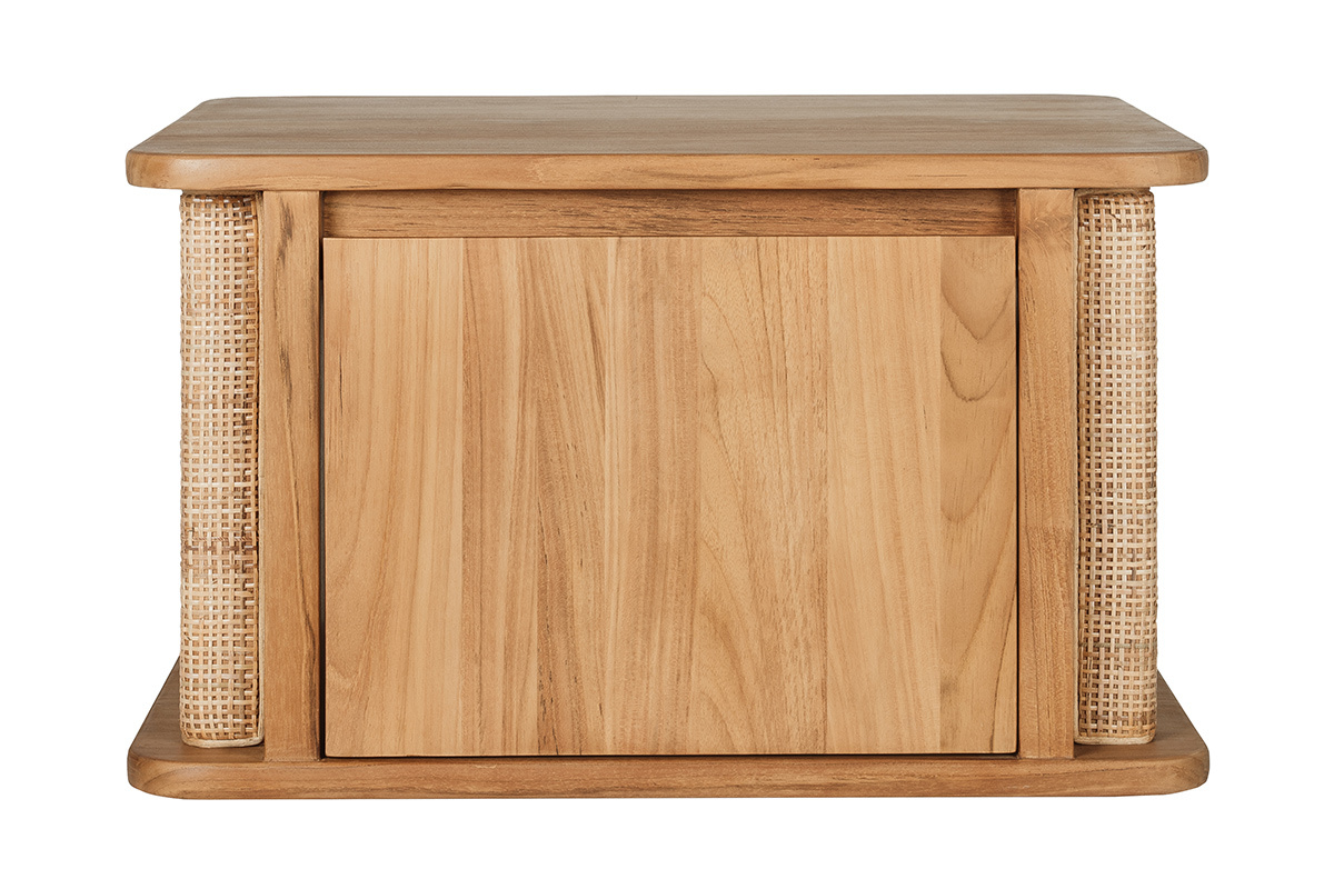Mueble de ba�o suspendido de teca maciza con puertas de rejilla de rat�n, vista frontal.