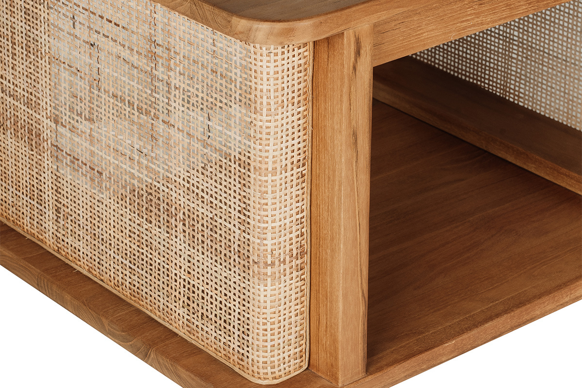 Mueble de ba�o suspendido de madera maciza de teca y rejilla de rat�n, �ngulo superior derecho.